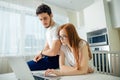 Stressed couple in trouble, have no money to pay debts, to pay rent Royalty Free Stock Photo