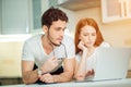 Stressed couple in trouble, have no money to pay debts, to pay rent Royalty Free Stock Photo