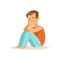 Stressed crying boy character sitting on floor vector Illustration Royalty Free Stock Photo