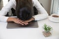 Stressed and depressed  woman  of working  under pressure and hopefulness, Sad expression, sad emotion, despair, sadness. Royalty Free Stock Photo