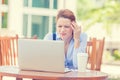 Stressed displeased worried business woman sitting in front of laptop computer Royalty Free Stock Photo