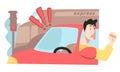 Stressed driver in traffic jam, male character in car