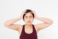 Stressed Exhausted asian japanese Woman Having Strong Tension Headache. Portrait Of Sick Girl Suffering From Head Migraine, Feelin Royalty Free Stock Photo