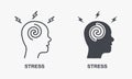Stressed Exhausted Brain and Human Head, Migraine Silhouette and Line Icon Set. Stress, Dizzy, Anxiety, Depression