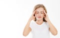 Stressed Exhausted caucasian Woman Having Strong Tension Headache. Portrait Of Sick Girl Suffering From Head Migraine, Feeling Pr Royalty Free Stock Photo