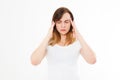 Stressed Exhausted caucasian Woman Having Strong Tension Headache. Portrait Of Sick Girl Suffering From Head Migraine Royalty Free Stock Photo