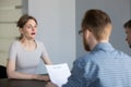 Stressed female applicant feeling surprised or confused at job i Royalty Free Stock Photo