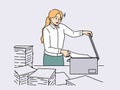 Stressed female employee duplicate paperwork in copy machine