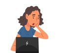 Stressed Female Office Manager Sitting in front of Computer, Surprised Woman Working with Laptop Vector Illustration on