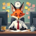 Stressed Fox Office Worker with Sticky Notes â Corporate Productivity Cartoon Royalty Free Stock Photo