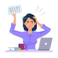 Stressed and frustrated business woman asking for help at work. Cartoon vector Royalty Free Stock Photo