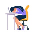 Stressed and frustrated concept with exhausted female business woman at office sleeping at the table. Cartoon vector Royalty Free Stock Photo