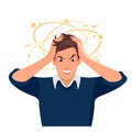 Stressed and frustrated man squeezing head with hands. Vector