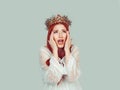 Stressed frustrated shocked beauty queen woman looking up yelling screaming temper tantrum pretty woman with crystal crown on head Royalty Free Stock Photo