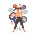 Stressed girl overloaded by information, job burnout, ineffective multitasking vector illustration