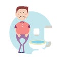 Stressed guy eager to pee stands in front of a toilet. Isolated flat illustration on a white backgroud. Cartoon vector