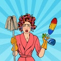 Stressed Housewife with Mop Pop Art Royalty Free Stock Photo