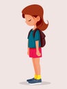 Unhappy Student Girl Wearing Her Backpack Vector Cartoon