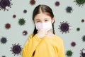 Stressed little girl wearing Protection Mask against flu virus background