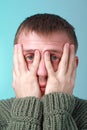 Stressed man on a blue background