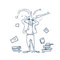 Stressed man holding head with paper documents stack solving problems concept over white background sketch doodle