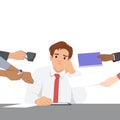 Stressed man in an office setting appears exhausted as multiple hands with various tasks and items Royalty Free Stock Photo