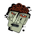 Stressed man`s face with a boiling brain. Stress, headache, information overload, psychological burnout. Vector