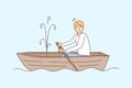 Stressed man sailing in boat with leakage