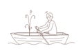 Stressed man sailing in boat with leakage