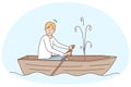 Stressed man sailing in boat with leakage