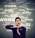 Stressed man showing time out overwhelmed by long working hours