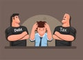 Stressed man with tax and debt collectors, finance management business symbol cartoon illustration vector Royalty Free Stock Photo