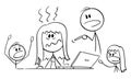 Stressed Mother Working at Home Office, Children and Husband Are Yelling, Vector Cartoon Stick Figure Illustration