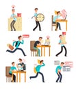 Stressed office people for deadline and time management concept. Businessman under deadline workload. Vector characters