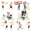 Stressed office people. Overworked deadline time busy business managers night workers vector cartoon characters