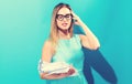 Stressed office woman with a stack of documents Royalty Free Stock Photo