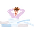 Stressed office worker holding head under pile of paperwork Royalty Free Stock Photo