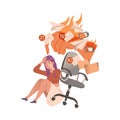 Stressed overwhelmed girl manager overloaded by information, job burnout, ineffective multitasking vector illustration