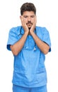 Stressed and overwhelmed hispanic male nurse Royalty Free Stock Photo