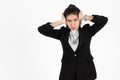 Stressed overworked and confused young Asian business woman in suit troubled with financial problem over white isolated background Royalty Free Stock Photo