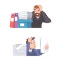 Stressed overworked male office employees with heap of document folders cartoon vector illustration