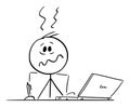 Stressed Overworked Person or Man Sitting Behind Desk Working in Office on Computer, Vector Cartoon Stick Figure Royalty Free Stock Photo