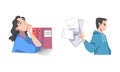 Stressed overworked office employees with working with paper documents cartoon vector illustration