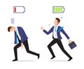 Stressed overworked and vigorous businessman with charged and discharged battery icon Royalty Free Stock Photo