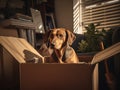 Stressed pets. A depressed dog is hiding in a carton box in a new apartment. Moving with pets concept. Dog with tatoo being in