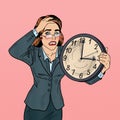 Stressed Pop Art Business Woman with Big Clock on Deadline Work