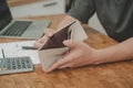 Stressed, Problem business person man, male holding and open an empty wallet not have money, credit card, not to payment bill, Royalty Free Stock Photo