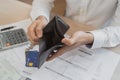 Stressed, Problem people asian man, male holding and open an empty wallet not have money, credit card, not to payment bill, loan Royalty Free Stock Photo