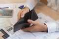 Stressed, Problem people asian man, male holding and open an empty wallet not have money, credit card, not to payment bill, loan Royalty Free Stock Photo