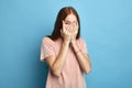 Stressed scared girl closing her face with palms Royalty Free Stock Photo